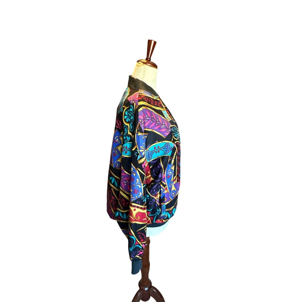 Vintage 80s Silk Satin Bomber Jacket | Abstract Baroque Print | OSFM - Picture 3 of 12